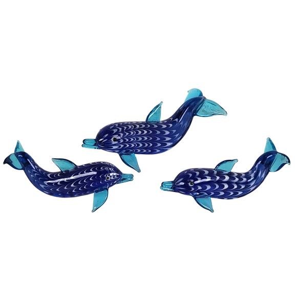 Set of 3 Handcrafted Blown Glass Dolphin Figurines Blue Ocean Decor Collectible - Picture 1 of 12